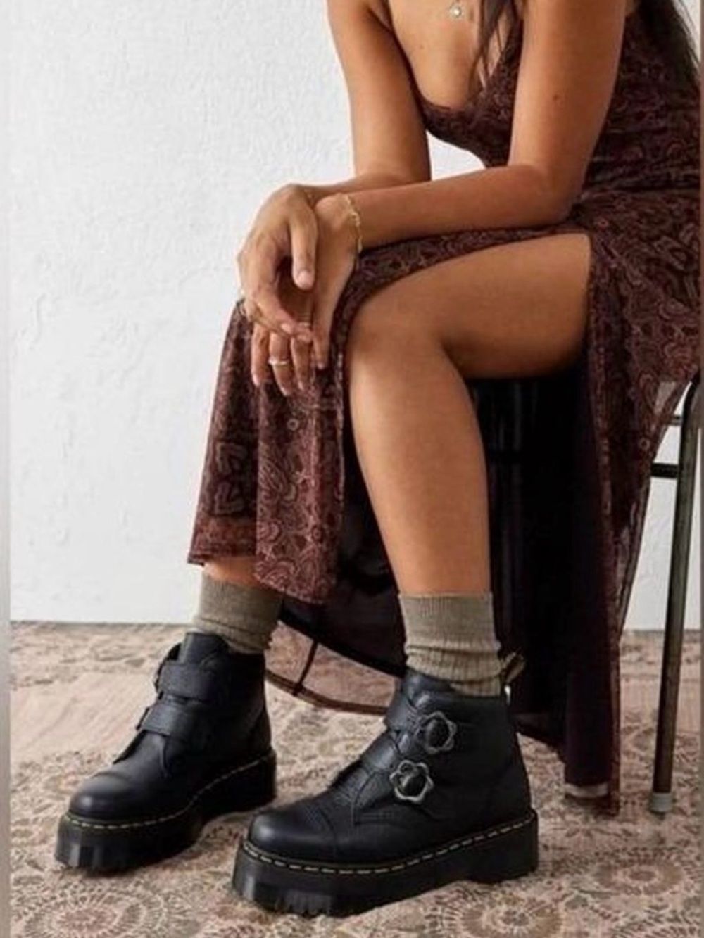 Dr Martens Devon Flower Platform Boots Black Leather Buckle EU39 US8